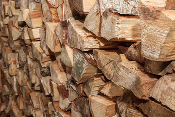 Pinned birch wood are in a pile in drevenice