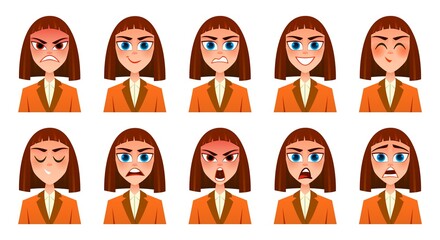 Businesswoman expression set. Cartoon flat style illustration.