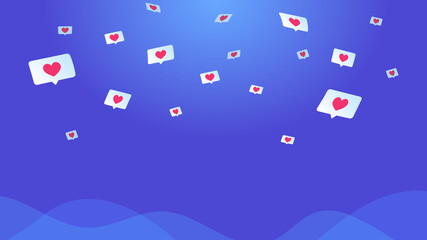 Social media speech bubbles with hearts. Concept vector illustration of flying in clouds symbols of hearts in bubbles for social media and dating app. Gradient background for promotion and networks