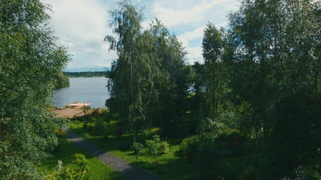 stock video footage flight through forest above lake