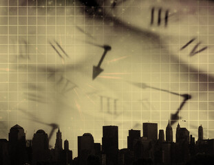 The rush of time. Clock hands and city silhouettes
