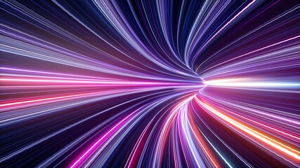 Naklejka premium 3d rendering, abstract ultraviolet tunnel with neon rays, glowing lines, cyber network, speed of light, highway night lights, space and time strings