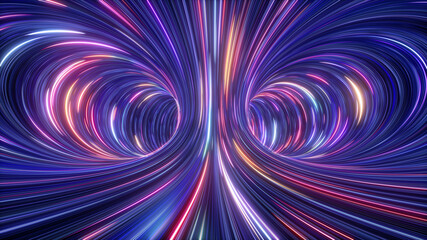 3d rendering, abstract cosmic background, ultra violet neon rays, glowing lines, cyber network, speed of light, space and time strings, bright twist - obrazy, fototapety, plakaty