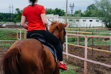 A young and pretty girl is learning to ride a thoroughbred Mare on a summer day at the ranch. Horse...