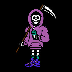 color skeleton in a hoodie with a cocktail 