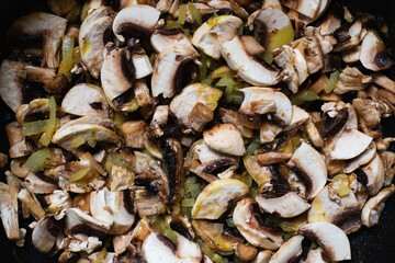 Sliced mushrooms with onions fried in a pan