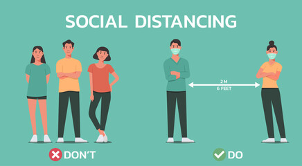 infographic group of people do and do not to maintain social distancing, character cartoon vector flat illustration