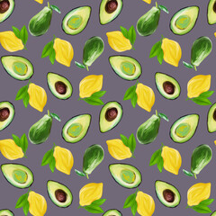 Bright vegetarian Fruit Painted Seamless Pattern hand-drawn in gouache avocado and lemon on gray background. Design for textiles, packaging, fabrics, menus, restaurants