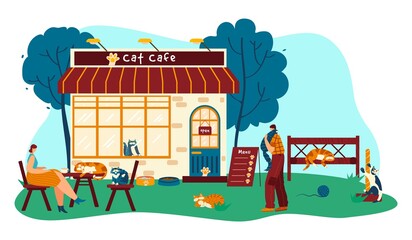 Cat cafe with funny pets cartoon characters, people drink coffee and play with animals, vector illustration. Cozy coffeehouse summer outdoor, cute cats and happy customers. Hand drawn pets flat style