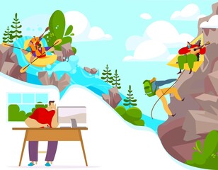 Outdoor activity and extreme sports, people cartoon character rafting and climbing, vector illustration. Office worker planning vacation trip, active lifestyle and adventures in nature, extremal hobby