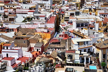 City View from Giralda Spire Bell Tower in Seville Cathedral in Andalusia Spain.