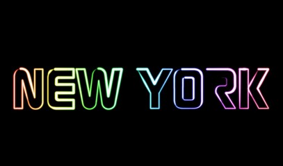 Recurso gráfico consistente en las alabras New York relleno de colores con efecto de neón sobre fondo negro