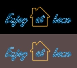 Recurso gráfico consistente en la frase Disfruta en Casa de color azul y la silueta de una casa de color marrón todo hecho con efecto neón sobre fondo oscuro
