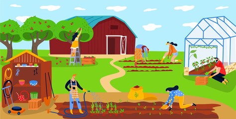 Farmers planting vegetables, happy people work together on local eco farm, vector illustration. Cheerful man and woman cartoon characters, farmland worker growing organic vegetables, gardening outdoor