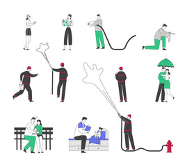 Set of Male and Female Characters Using Gadgets, Firefighters Fighting with Fire, Couple Walking under Umbrella in Rain. Man Woman Kissing, Father Read Book to Child. Linear People Vector Illustration