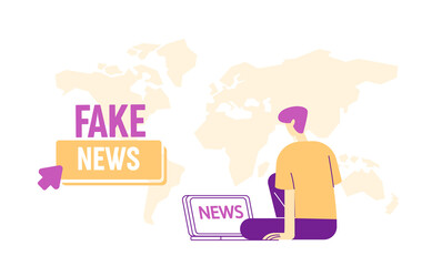 Fake News Concept. Male Character with Laptop Sit on World Map Background Reading Social Media Information in Internet. User Watching Breaking News Online Broadcasting. Linear Vector Illustration