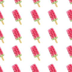 Seamless pattern with watermelon popsicles on wooden stick on white backgtound. Watercolor hand drawn illustration in cartoon style. Hello summer, vacation, children sweety, refreshment, print.
