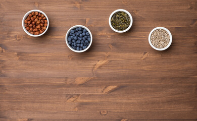 Healthy eating ingredients: fresh vegetables, fruits and superfood. Nutrition, diet, vegan food concept