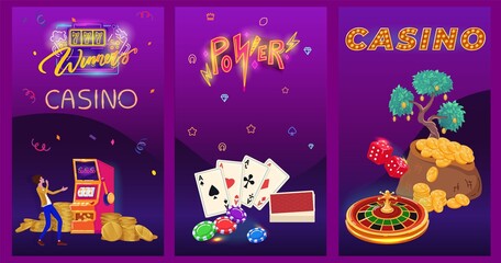 Casino neon banner, gambling card game, people jackpot winner cartoon character, vector illustration. Slot machine, blackjack and roulette lucky bet. Play poker and win fortune, money tree symbol set