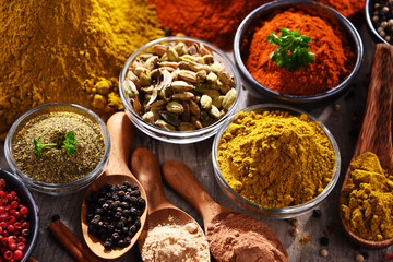 Variety of spices on kitchen table