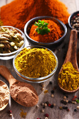 Variety of spices on kitchen table