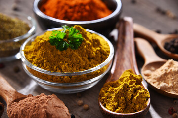 Variety of spices on kitchen table