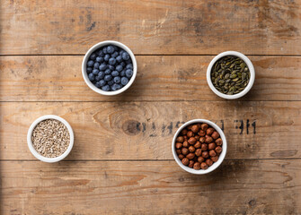 Healthy eating ingredients: fresh vegetables, fruits and superfood. Nutrition, diet, vegan food concept