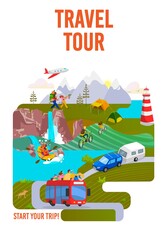 Travel, tour, journey to world, travelling and vacation on holiday poster, vector illustration. Hiking and road trip. Tourism. Travellers on bikes, boats and with backpacks, airplane and mountains.