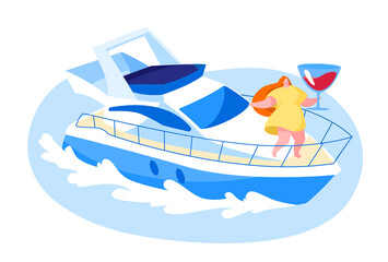 Yachting Cruise, Summer Aquatic Tour Concept. Happy Woman Drinking Wine Standing on Ship Deck. Female Character Traveling on Luxury Yacht at Sea on Summertime Vacation. Cartoon Vector Illustration