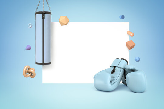 3d rendering of blue punching bag and boxing gloves with random objects on white blue background