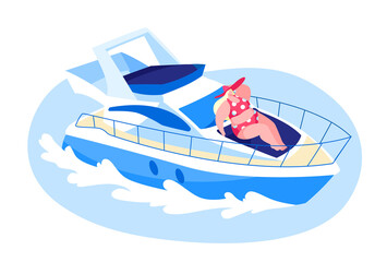 Happy Woman Lying on Ship Deck and Take Sun Bathing. Relaxed Female Character Traveling on Luxury Yacht at Ocean on Summertime Vacation. Cruise, Summer Aquatic Tour. Cartoon Vector Illustration