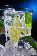 Glass of mineral water with ice, lime and mint