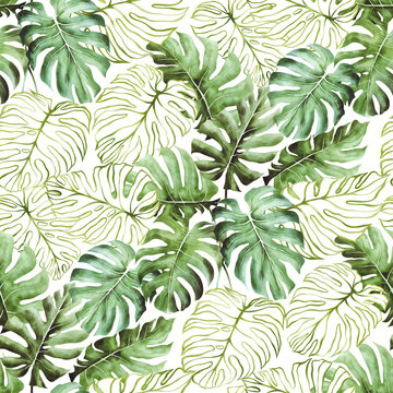 Watercolor seamless pattern with palm leaves