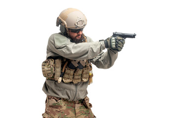 Fototapeta premium USA soldier in military suit with a gun on a white background, America special forces aim and shoot