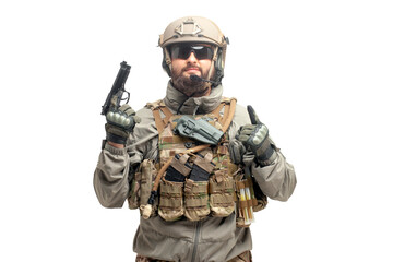 Fototapeta premium American ranger in military equipment with a gun and knife on a white background, portrait of a special forces soldier with a weapon