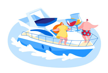 Loving Couple Relaxing on Luxury Yacht at Ocean on Summertime Vacation. Happy Male and Female Characters Resting on Ship Deck at Sea, Drinking Champagne, Dancing. Cartoon People Vector Illustration