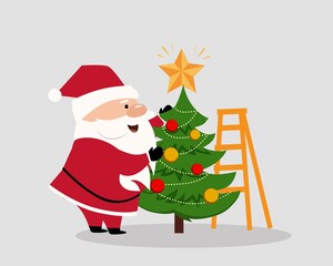 Santa Claus decorating a Christmas tree. Christmas vector illustration isolated on white background. Merry Christmas vector illustration Greeting card poster.