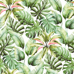 Watercolor seamless pattern with palm leaves