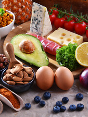 Assorted food products on kitchen table