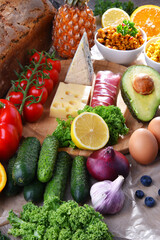 Assorted food products on kitchen table