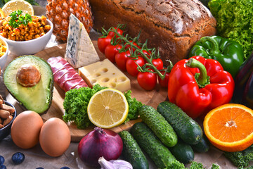 Assorted food products on kitchen table