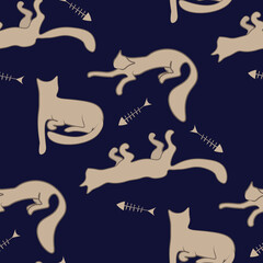 Doodle seamless pattern cats and fish skeletons