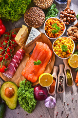 Assorted food products on kitchen table