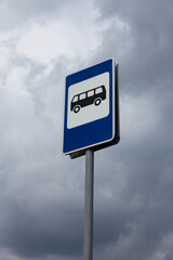 Moscow, Russia 05.06.2020 Bus stop sign against a cloudy sky. Signs in the city. Modern signs.