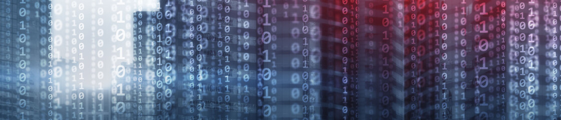 Binary computer code virtual city skyline. Matrix Mixed Media Background.