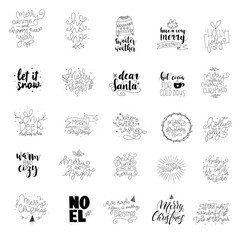 Merry Christmas. Happy New Year. Set of Hand drawn modern brush lettering cards. Brush lettering typography for holiday greeting gift card.