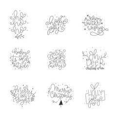 Merry Christmas. Happy New Year. Set of Hand drawn modern brush lettering cards. Brush lettering typography for holiday greeting gift card.