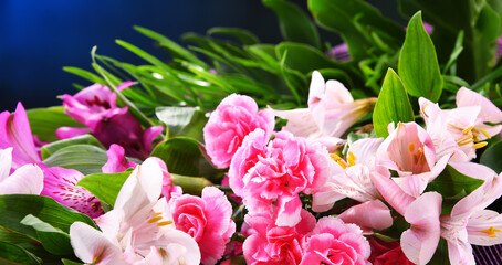 Composition with bouquet of freshly cut flowers
