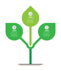 Infographics or timeline with 3 options. Vector Stylized tree or plant with leafs. Development of the eco business or green technology. Modular system allows you to make any number of levels in height