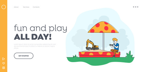 Obraz premium Little Child Playing in Sandbox Landing Page Template. Boy Playing with Toy Excavator on Remote Control. Outdoors Activity, Game, Recreation and Amusement in Yard. Linear Character Vector Illustration